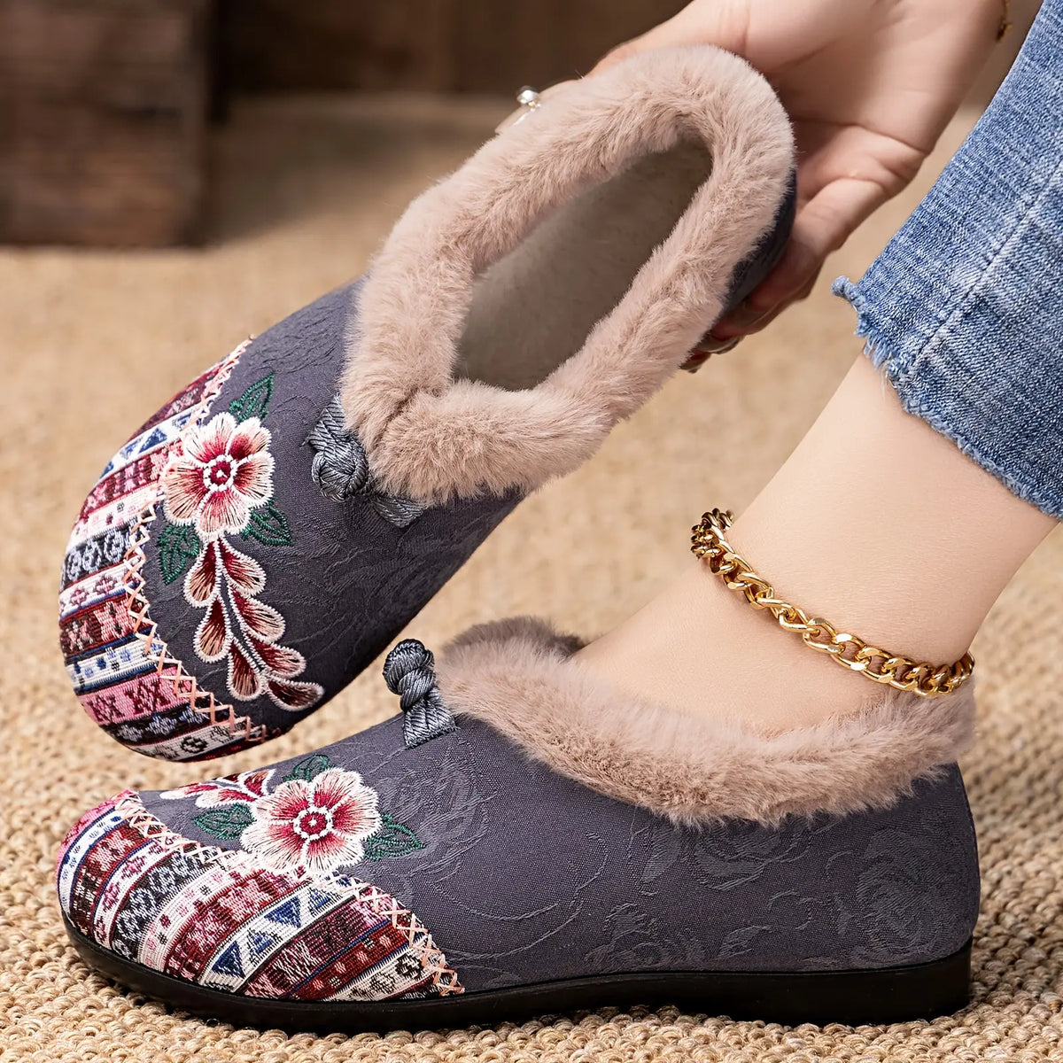 Women’s Winter Ankle Floral Embroidered Shoes