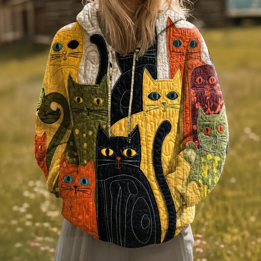 Vintage Cat Quilted Casual Regular Fit Long Sleeve Hoodie Sweatshirt