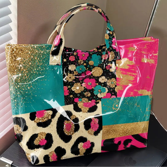 Color-block Leopard Floral Print PVC Tote Bag