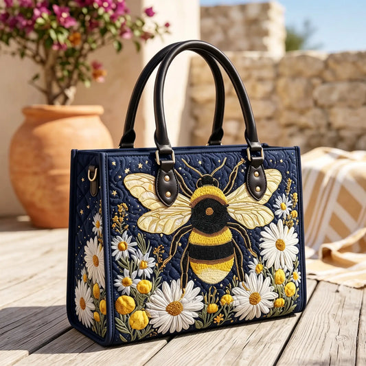 Bee And Flower Quilted Leather Strap Bible Handbag