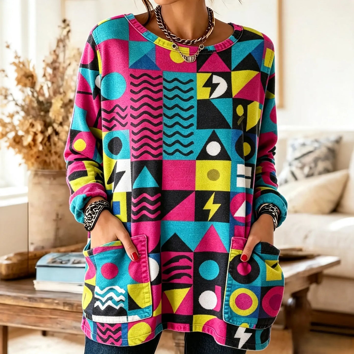 Retro Geometric Colorful 3D-Print Pocket Sweatshirt