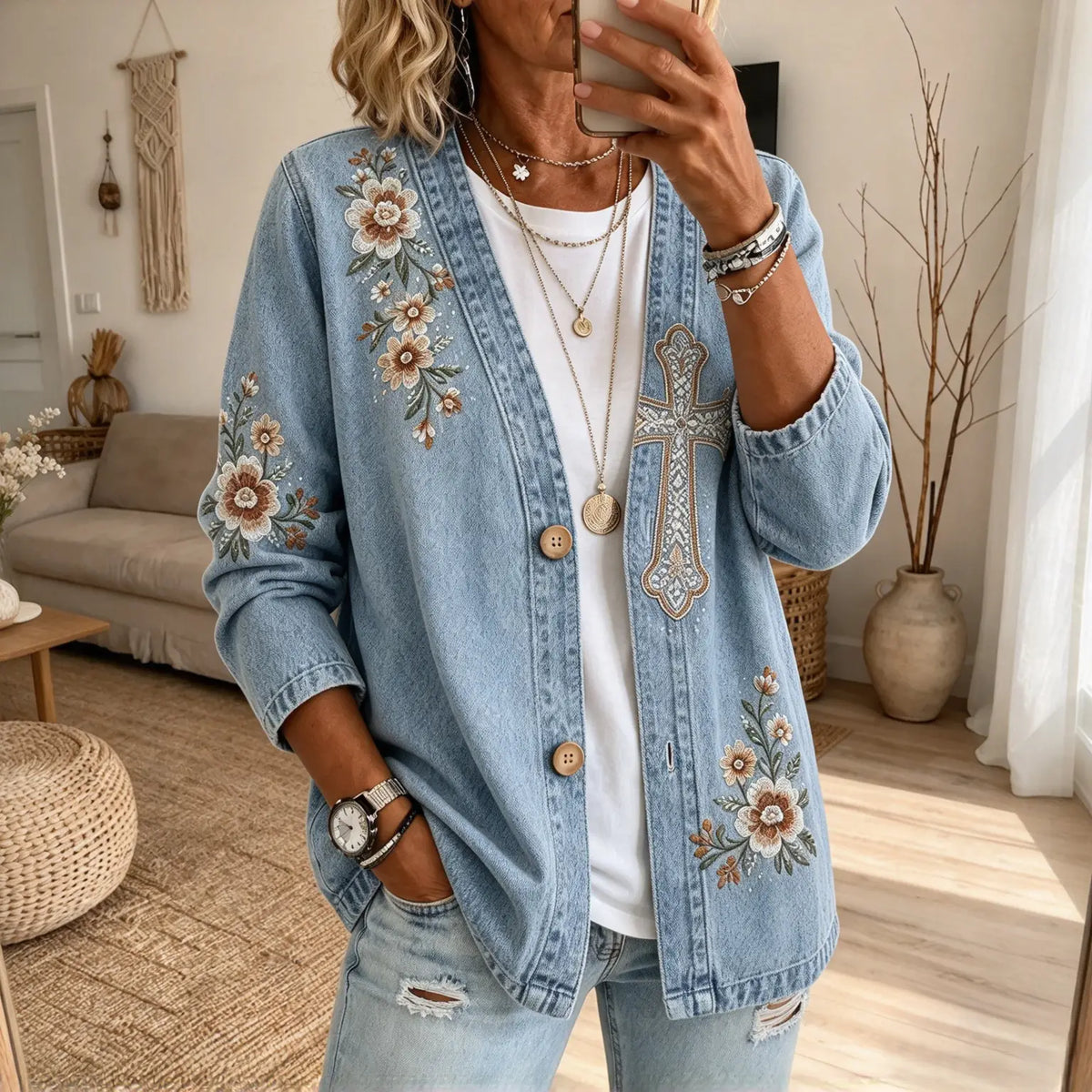 Collarless Soft-Denim-Look Button-Down Cardigan