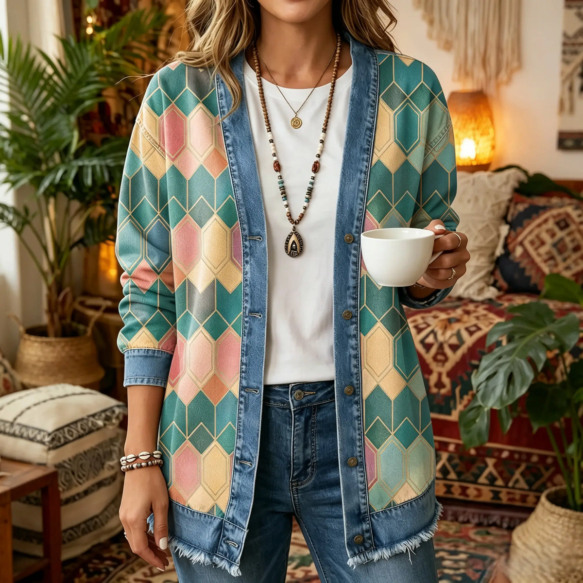 Colorful Geometric Print 3D Digital Printing Denim Shirt