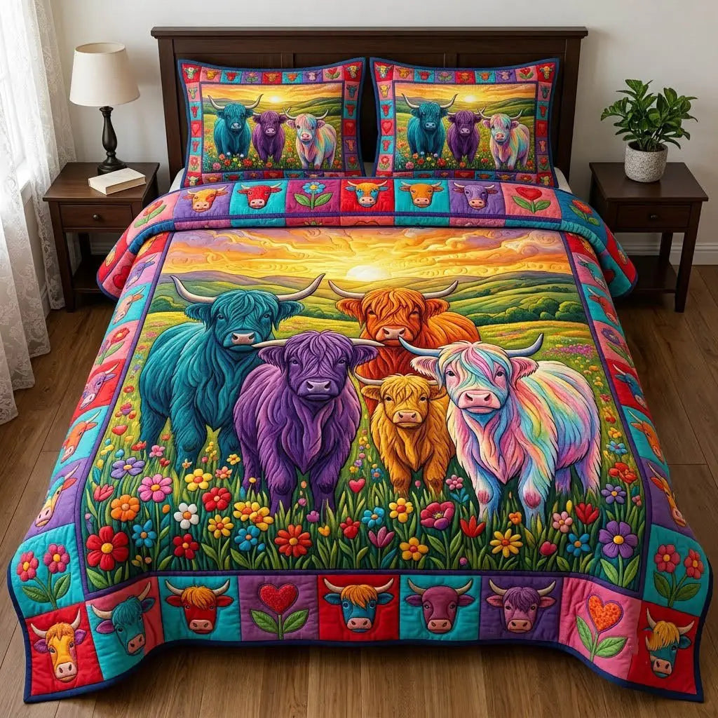 Colorful Highland Cow Quilted Bedding Set