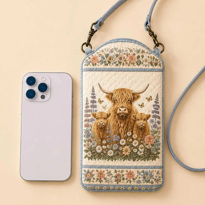 Highland Cow Floral Quilted Slim Phone Crossbody Bag