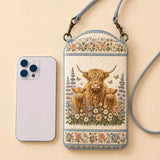 Highland Cow Floral Quilted Slim Phone Crossbody Bag