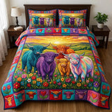 Colorful Highland Cow Quilted Bedding Set