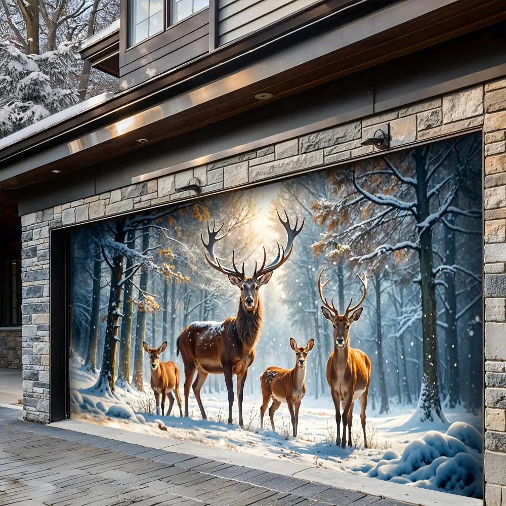 Majestic Reindeer Family In Winter Wonderland Garage Door Banner Decoration
