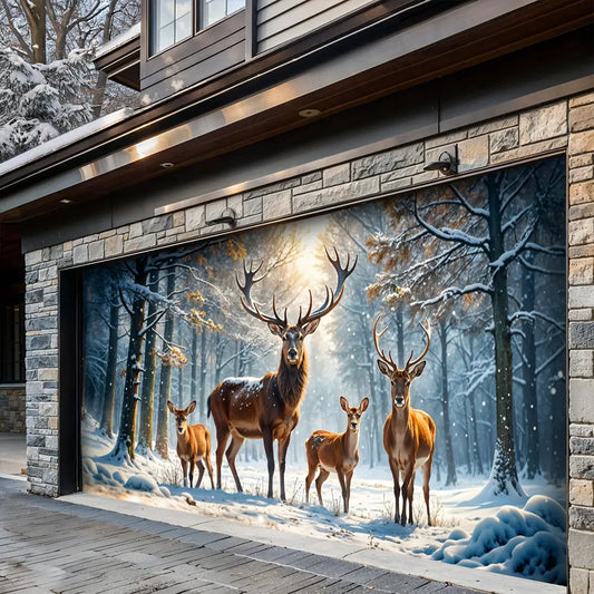 Majestic Reindeer Family In Winter Wonderland Garage Door Banner Decoration
