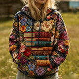 Vintage Floral Books Quilted Casual Hoodie