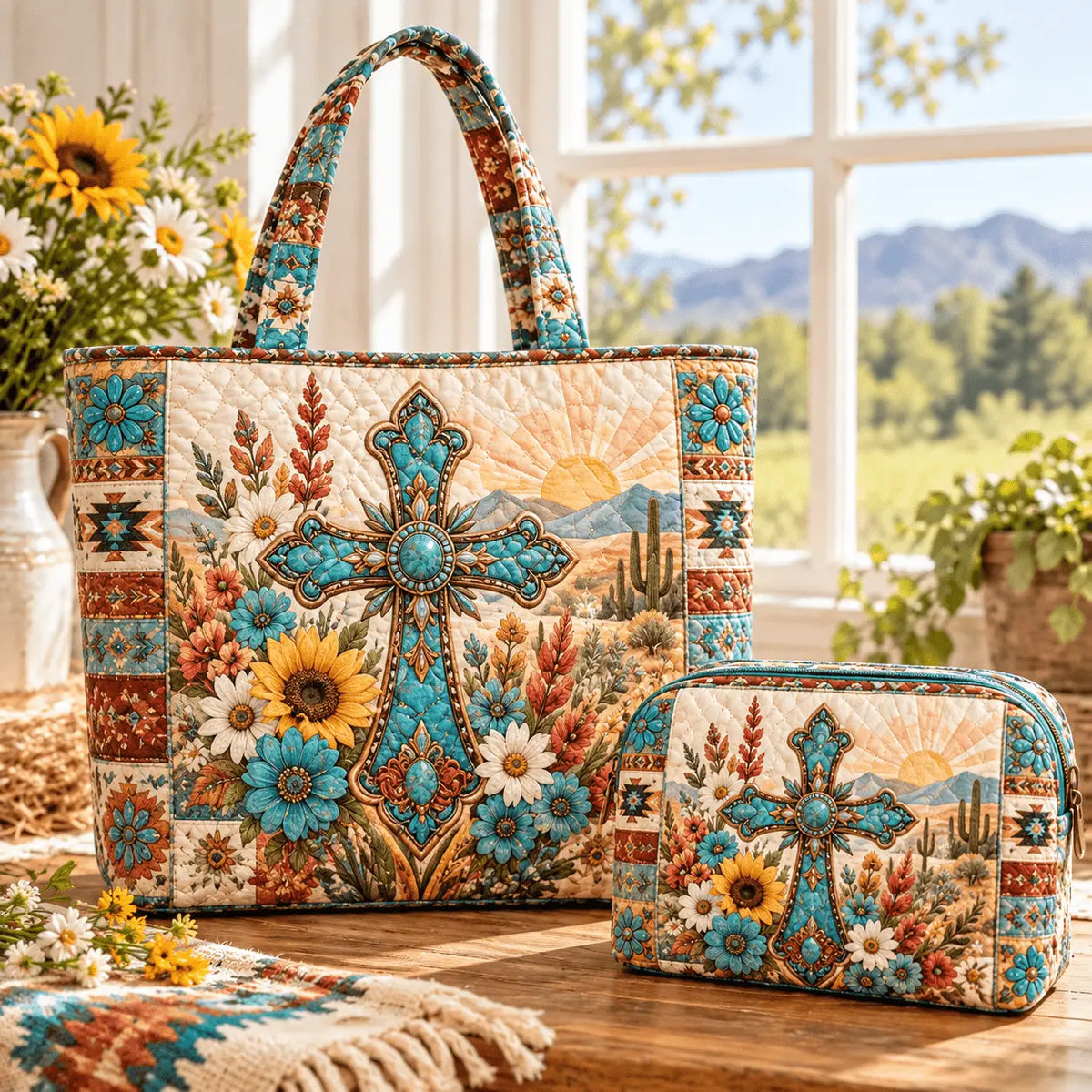 2pcs Turquoise Cross Desert Quilted Tote Bag Set