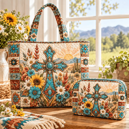 2pcs Turquoise Cross Desert Quilted Tote Bag Set