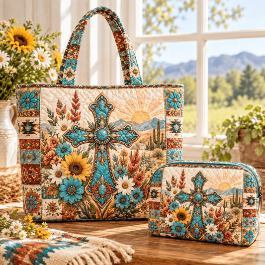 2pcs Turquoise Cross Desert Quilted Tote Bag Set