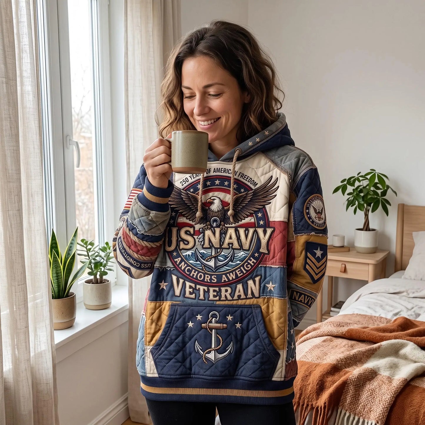 Navy Veteran Quilted Casual Hoodie