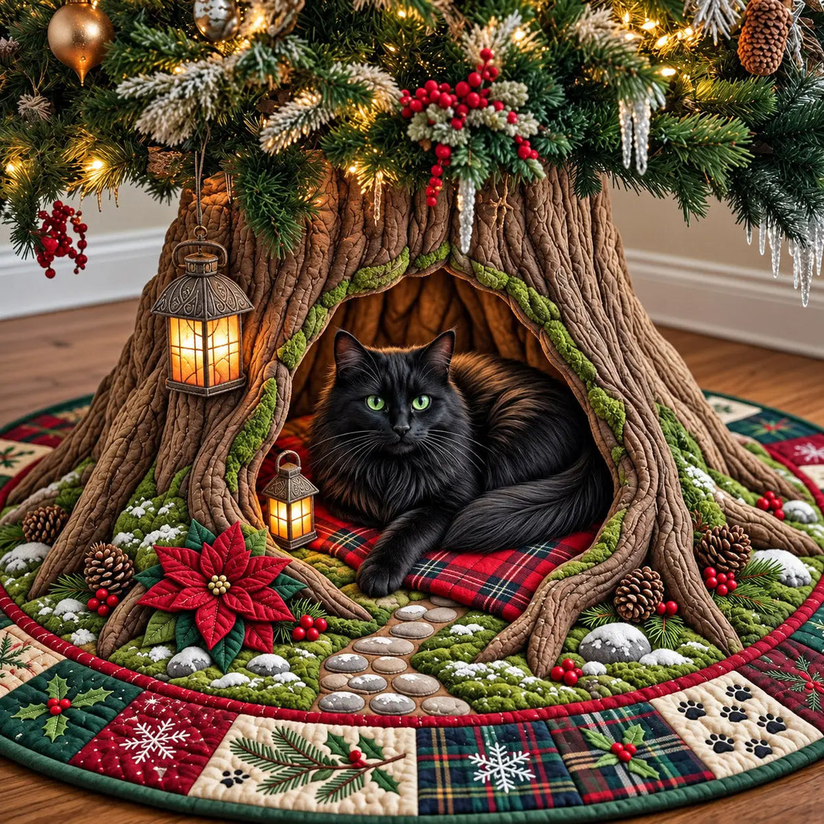 Poinsettia Cat Den Quilted Tree Skirt