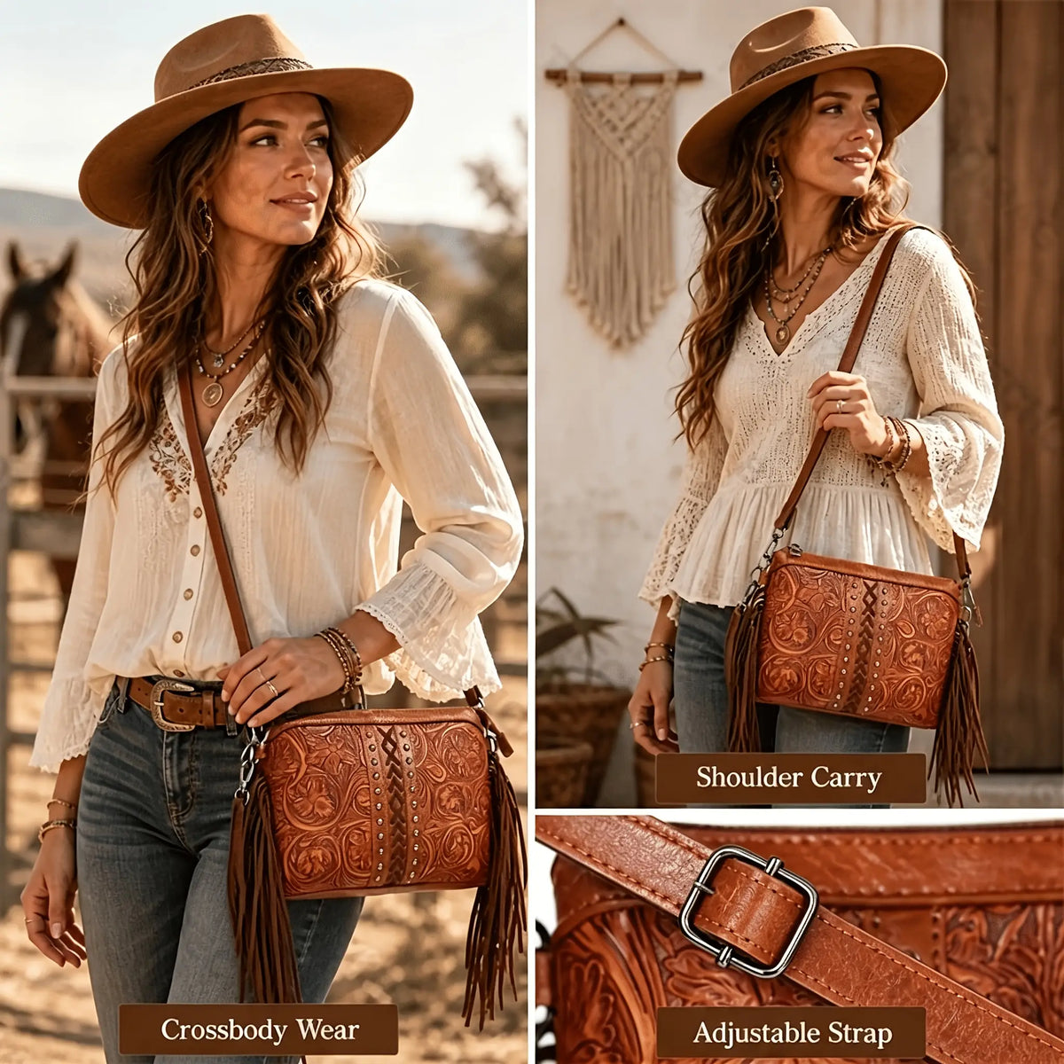 Bohemian PU Crossbody Bag with Western Fringe Tassels & Zipper Closure