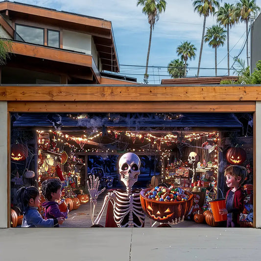 Skeleton’s Trick-or-Treat Party Halloween Garage Door Banner Decoration