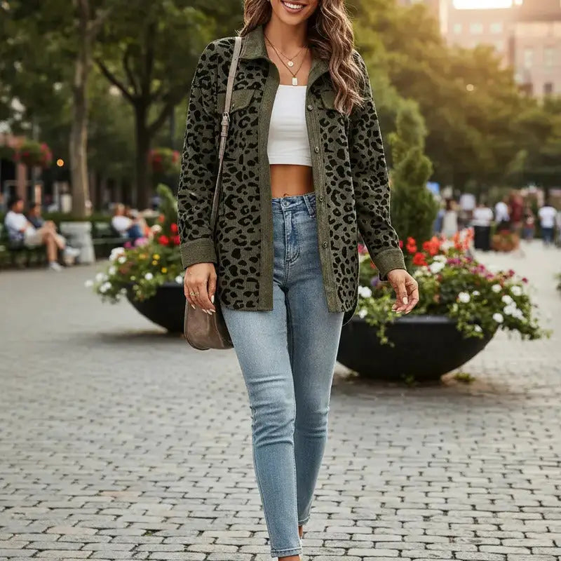 Contrast Rib Collar Leopard Print Corduroy Long Sleeve Shirt Jacket