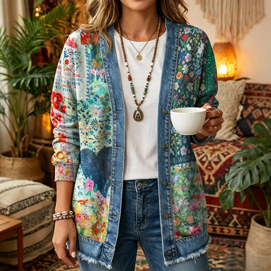 Vintage Floral Heart Print 3D Digital Printing Denim Shirt