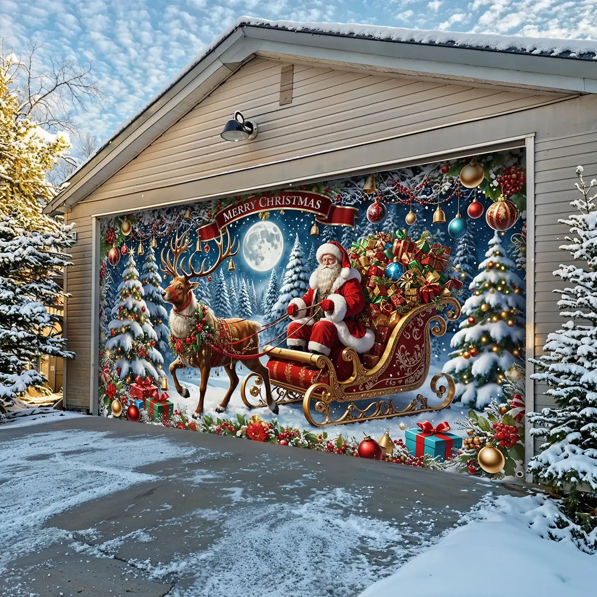 Santa’s Sleigh Ride Spreading Cheer Garage Door Banner Decoration