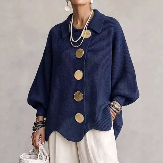 Oversized Collared Knit Cardigan With Large Metal Buttons
