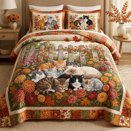 Autumn Garden Cat Quilted Bedding Set