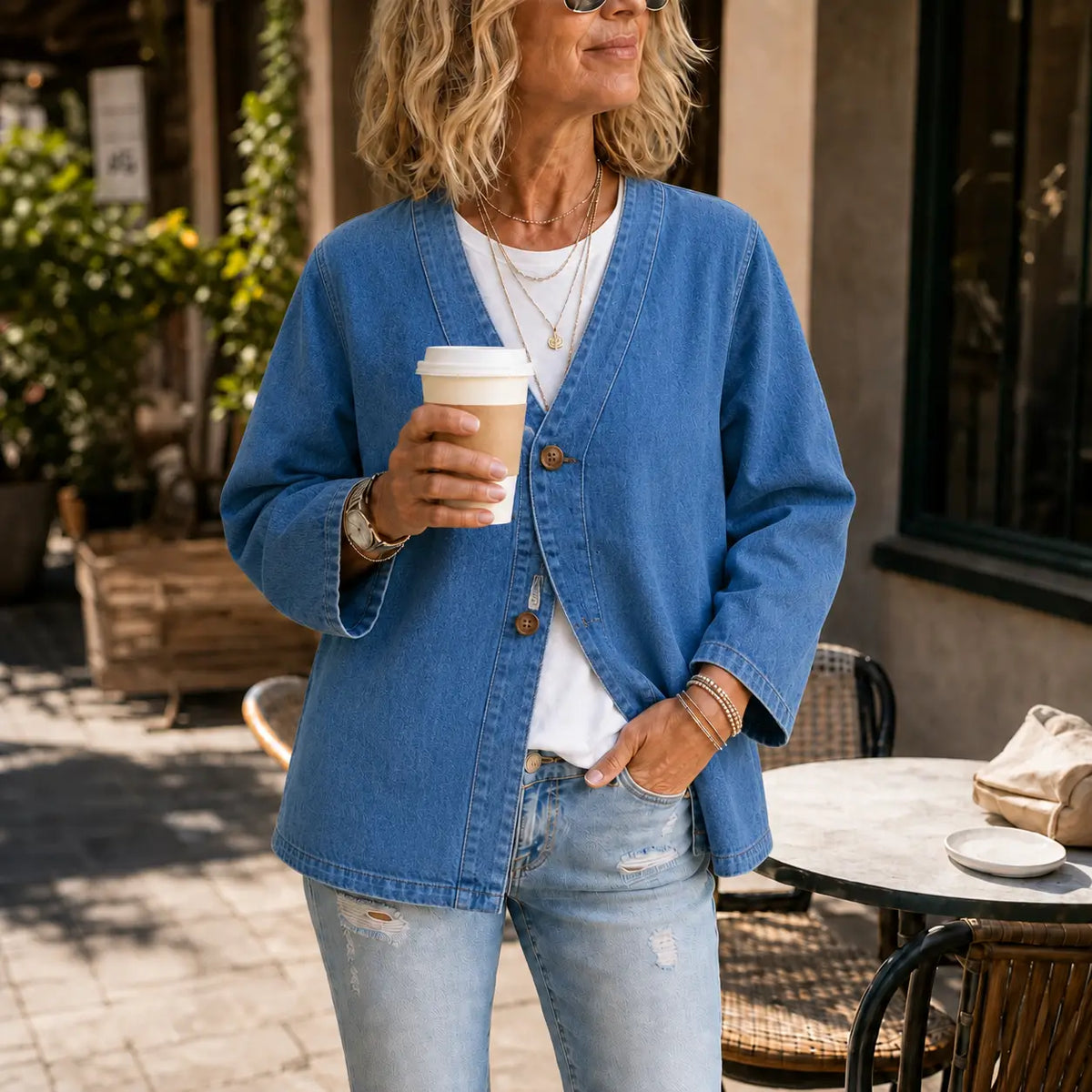 Collarless Soft-Denim-Look Button-Down Cardigan
