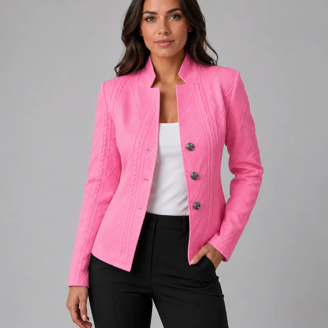 Textured Knit Stand-Collar Open-Front Blazer