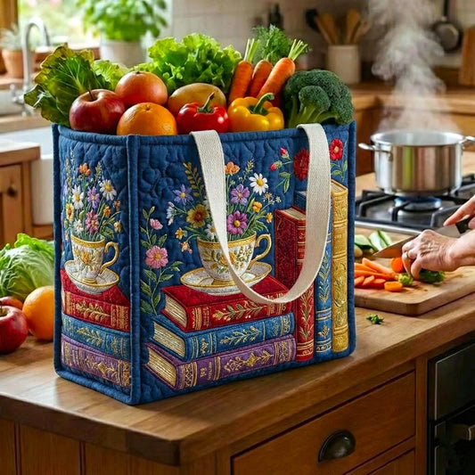 Books Teacup Floral Quilted Shopping Bag