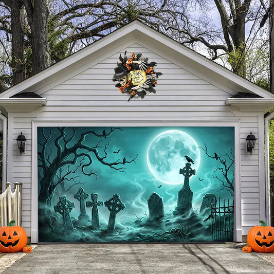 Spooky Cemetery Full Moon Halloween Garage Door Banner Decoration