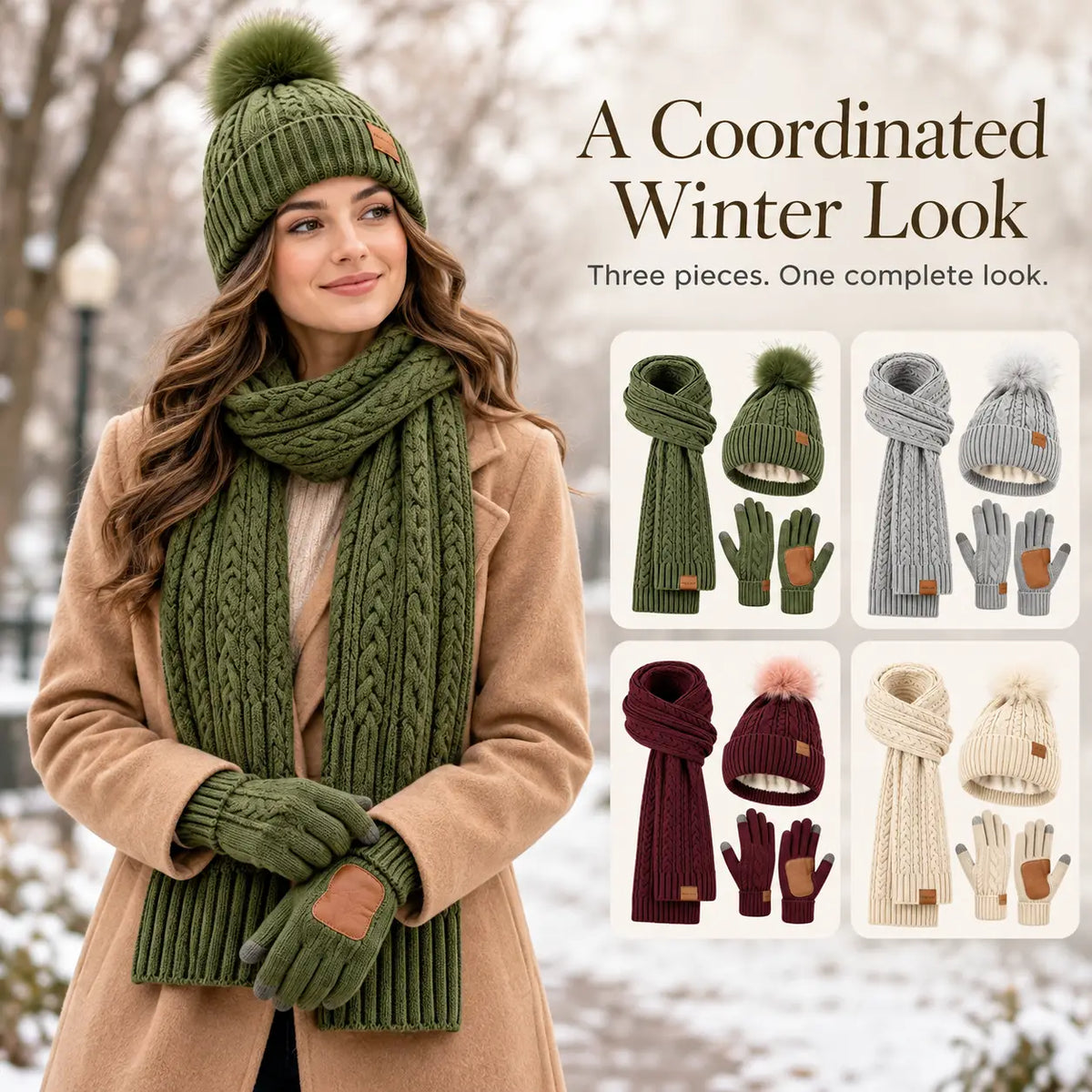 3 in 1 Winter Warmer Beanie Fleece Lined Knit Hat Scarf Gloves Gift Set