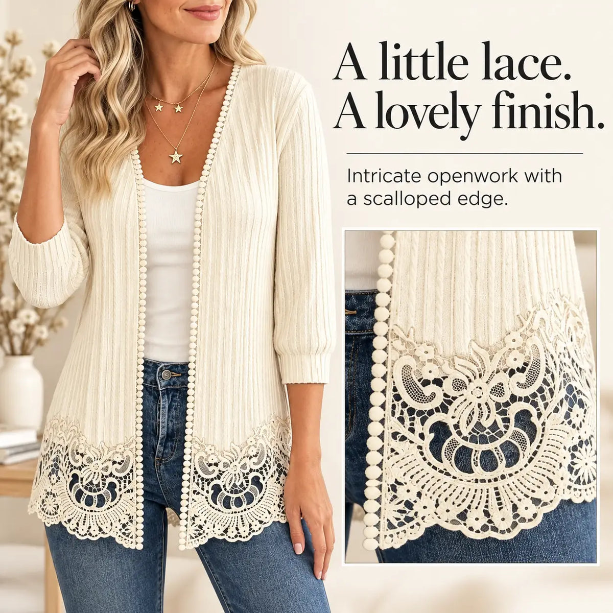 Women's Crochet Lace Trim Open-Front Cardigan