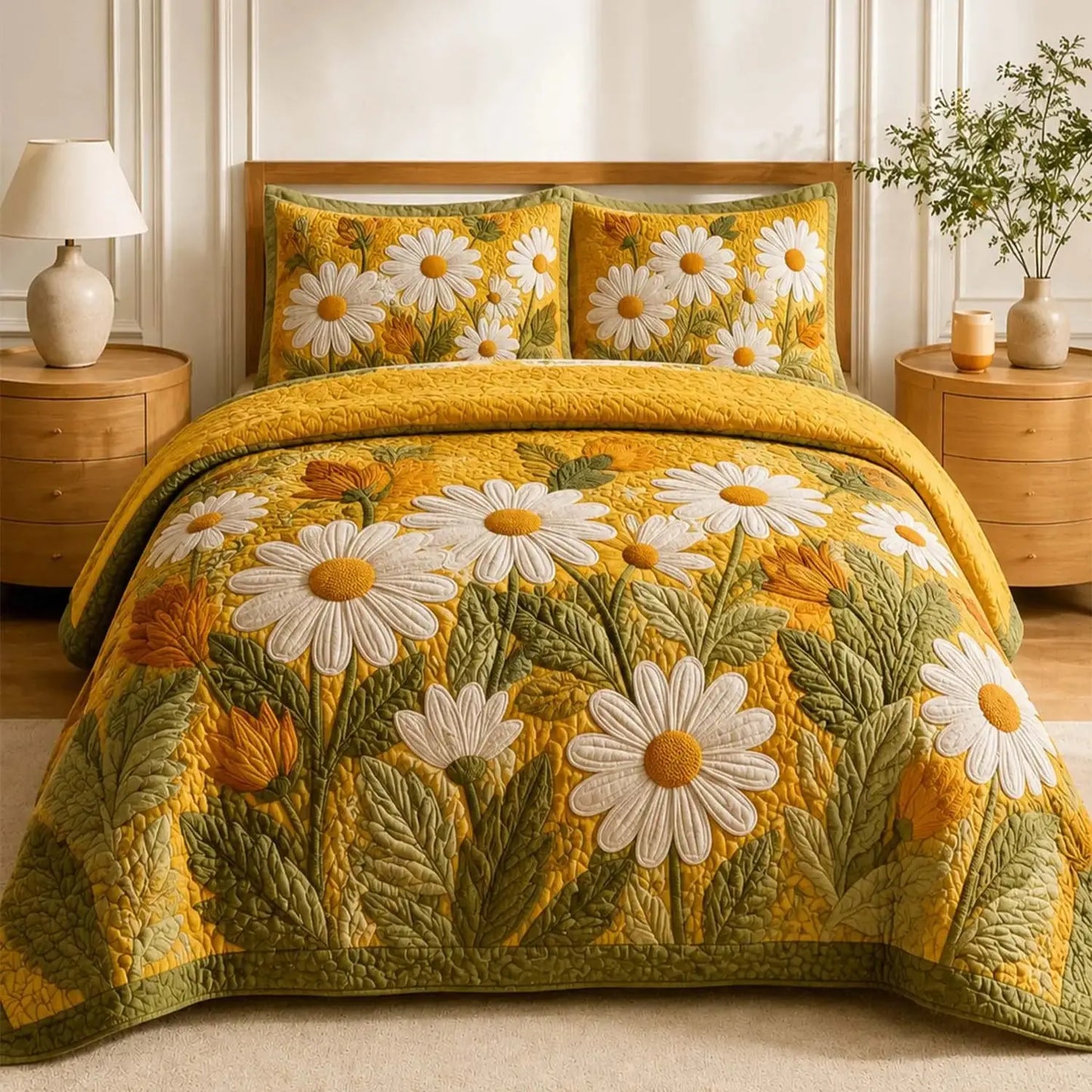 Golden Daisy Garden Quilted Bedding Set