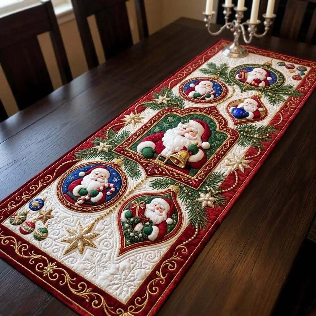 Santa Ornament Parade Quilted Table Runner