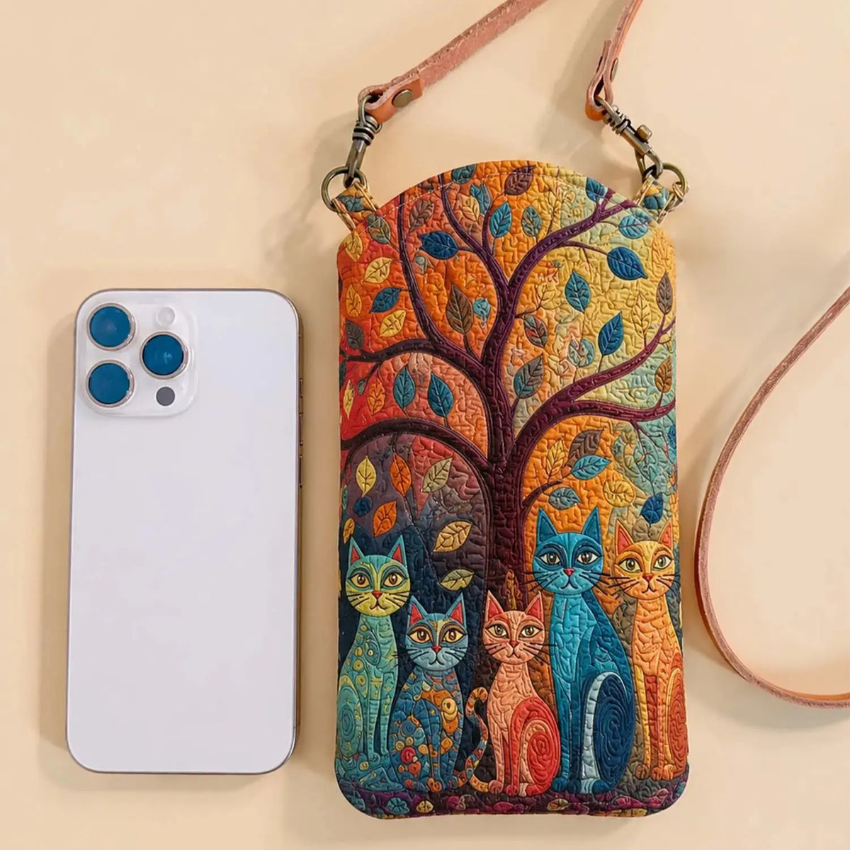 Tree And Cats Quilted Slim Phone Crossbody Bag