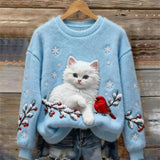 White Cat & Cardinal Winter Cozy Plush Sweatshirt