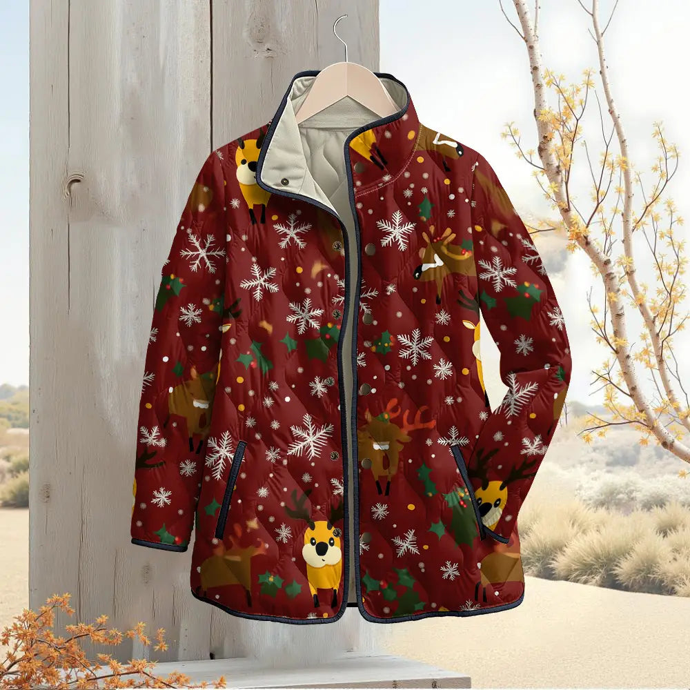 Red Christmas Reindeer Snowflake Quilted Jacket
