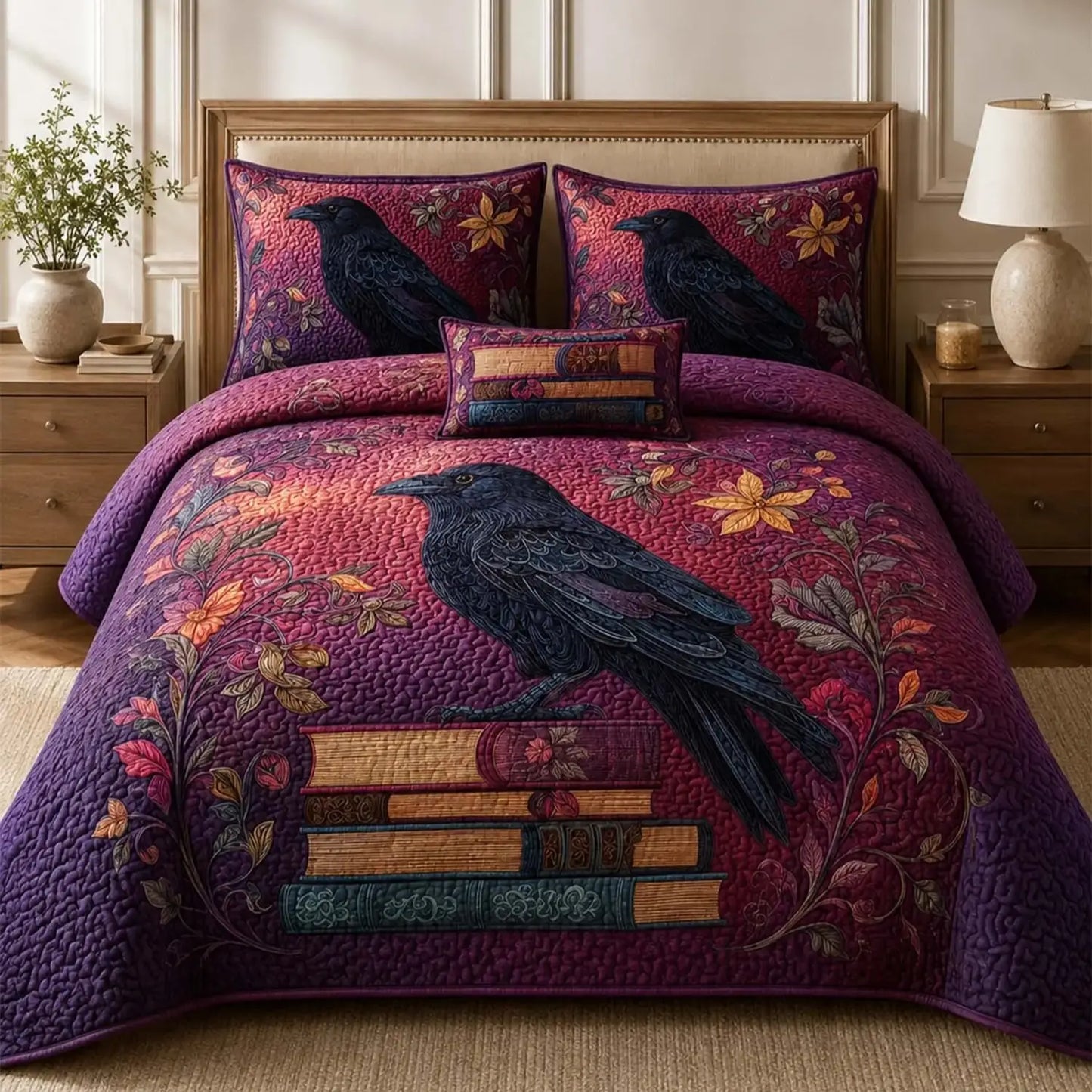 Raven Enchanted Library Quilted Bedding Set