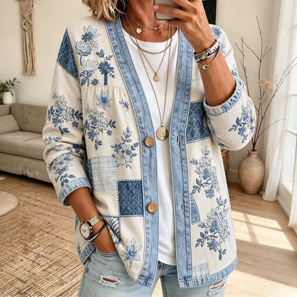 Collarless Soft-Denim-Look Button-Down Cardigan