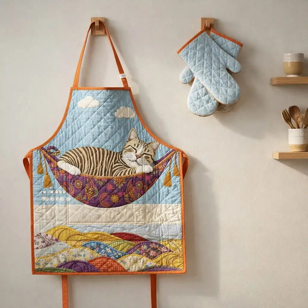 Napping Cat Quilted Apron Set (2-Piece) – Padded Apron + Heat-Resistant Oven Mitts