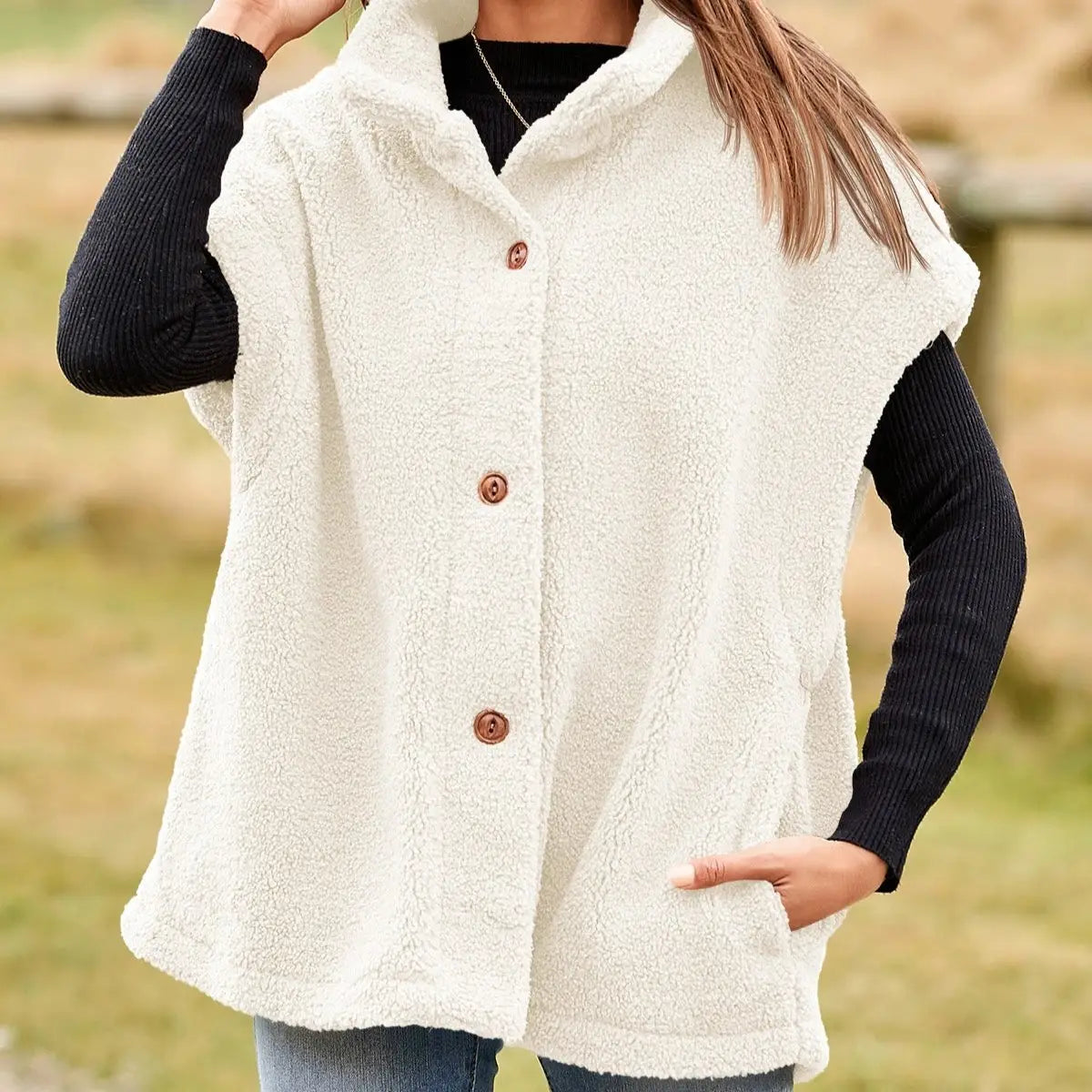 Womens Warm Button Down Sherpa Fleece-Look Vest