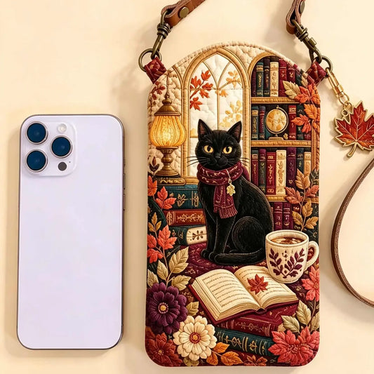 Cottagecore Black Cat Bookish Quilted Slim Phone Crossbody Bag