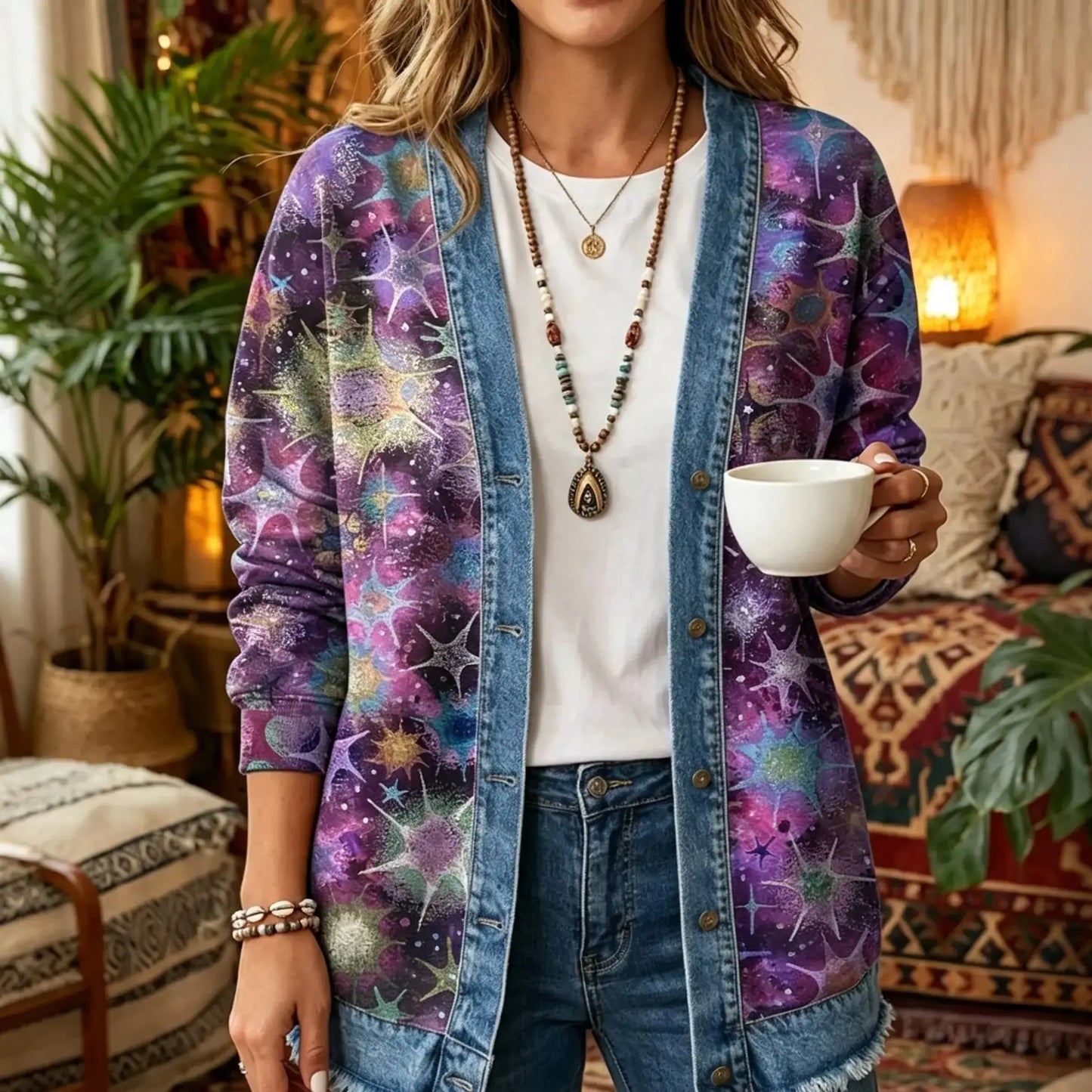 Purple Galaxy Starry Bohemian 3D Digital Printing Denim Shirt