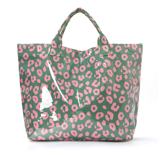 Green Leopard Print PVC Tote Bag