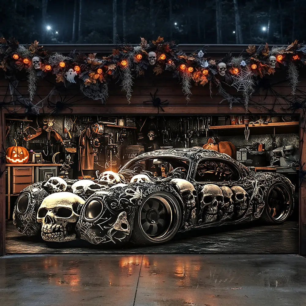 Skull Car Halloween Garage Door Banner Decoration