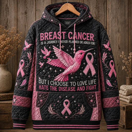 Hummingbird Breast Cancer Awareness Quilted Casual Hoodie