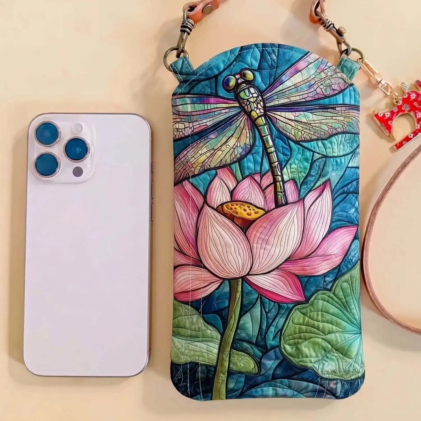 Stained Glass Lotus Dragonfly Quilted Slim Phone Crossbody Bag