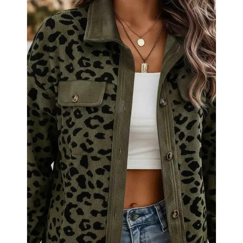 Contrast Rib Collar Leopard Print Corduroy Long Sleeve Shirt Jacket