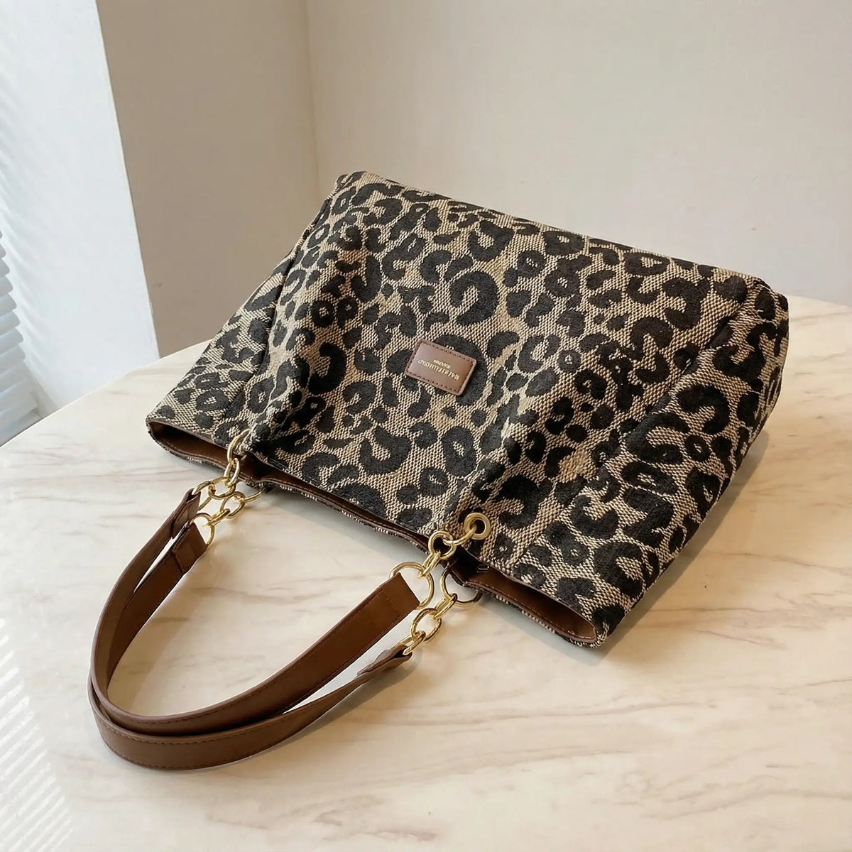 Leopard Print Tote with Chain Detail
