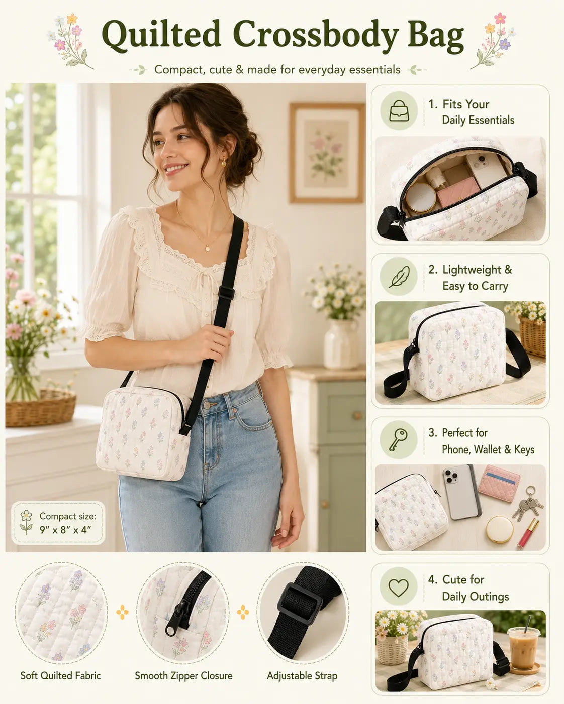 Cute Kitten Quilted Crossbody Bag